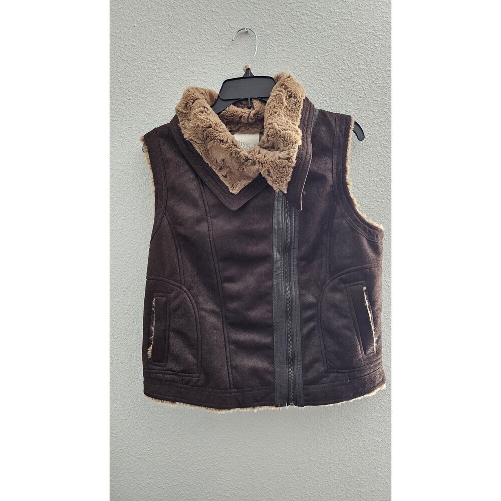 Olive & Oak Women’s L Brown Faux Shearling Faux Suede Vest Full Zip Moto - Picture 3 of 11